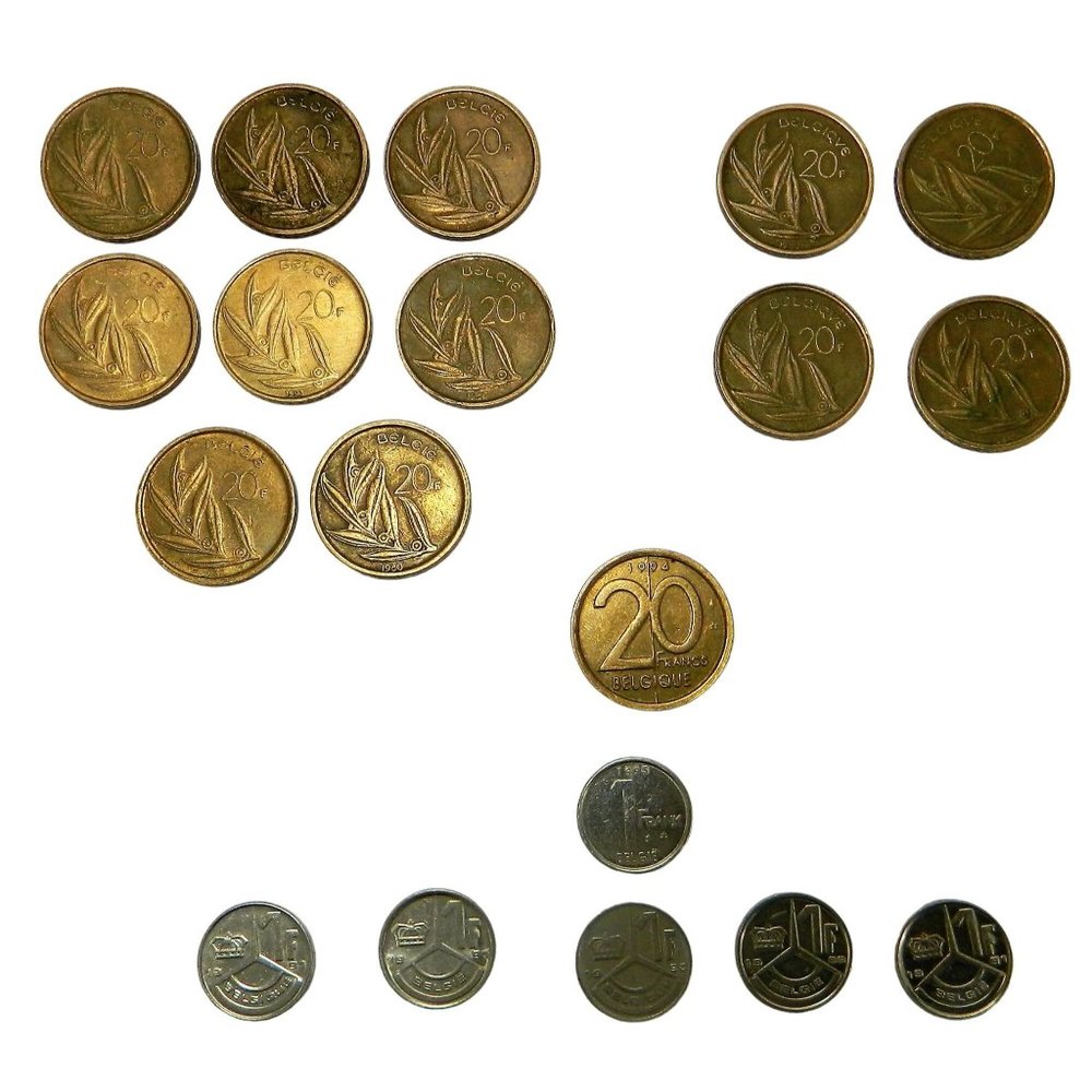 Belgium Belgie 19 Coins 20F Franc, French Dutch, Belgique, 1F Baudouin, 1 Frank